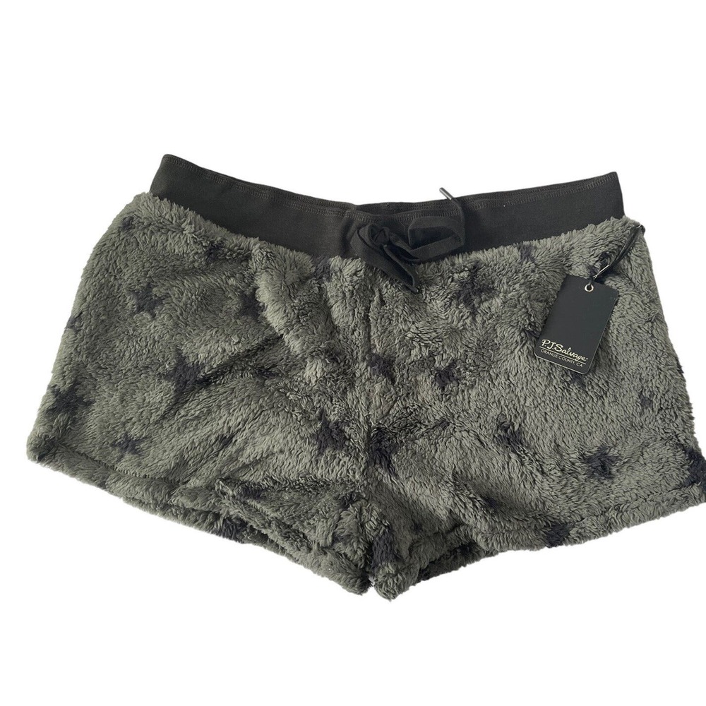 NWT PJ Salvage Large Olive Cozy Thick Fleece Lounge Pajama Shorts Stars #PQ10